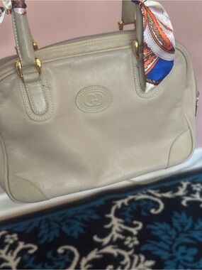 Authentic Gucci vintage 1980’s Cream Leather Satchel Handbag with Scarf Accent